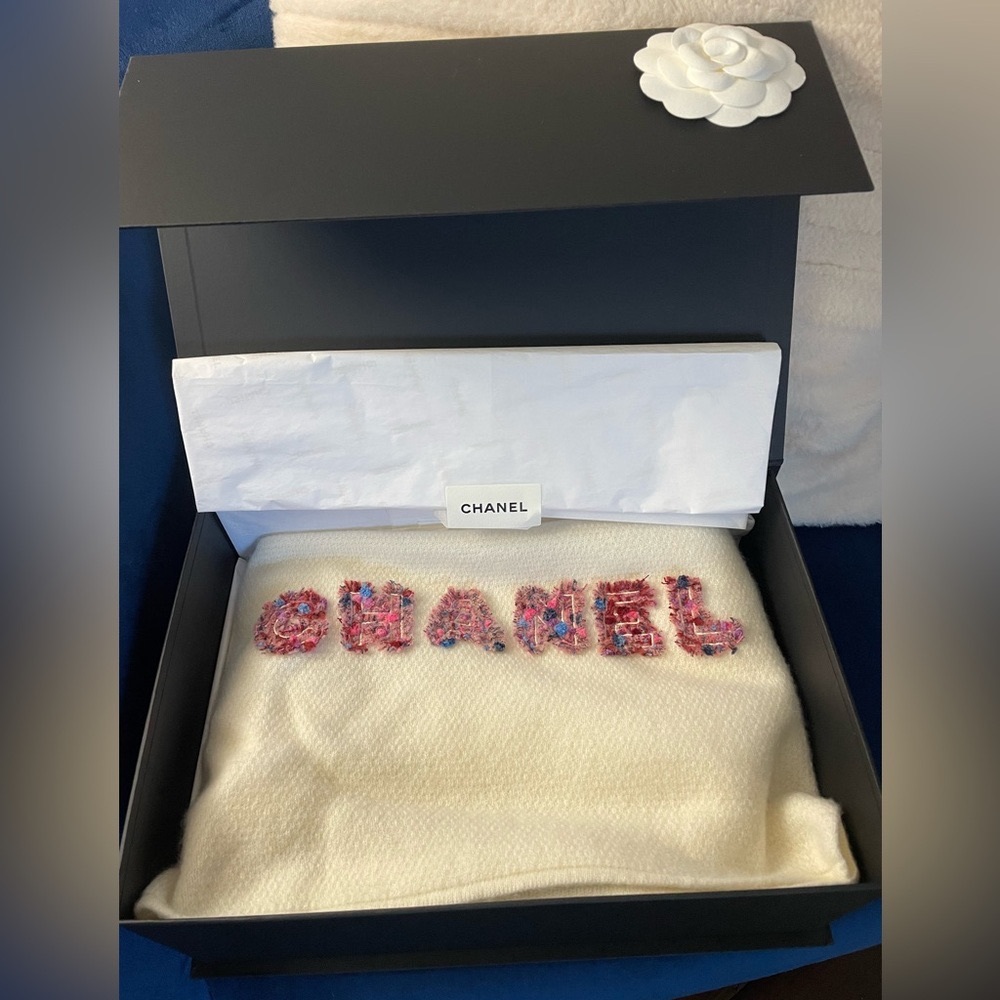Chanel Cashmere Tweed Logo Scarf